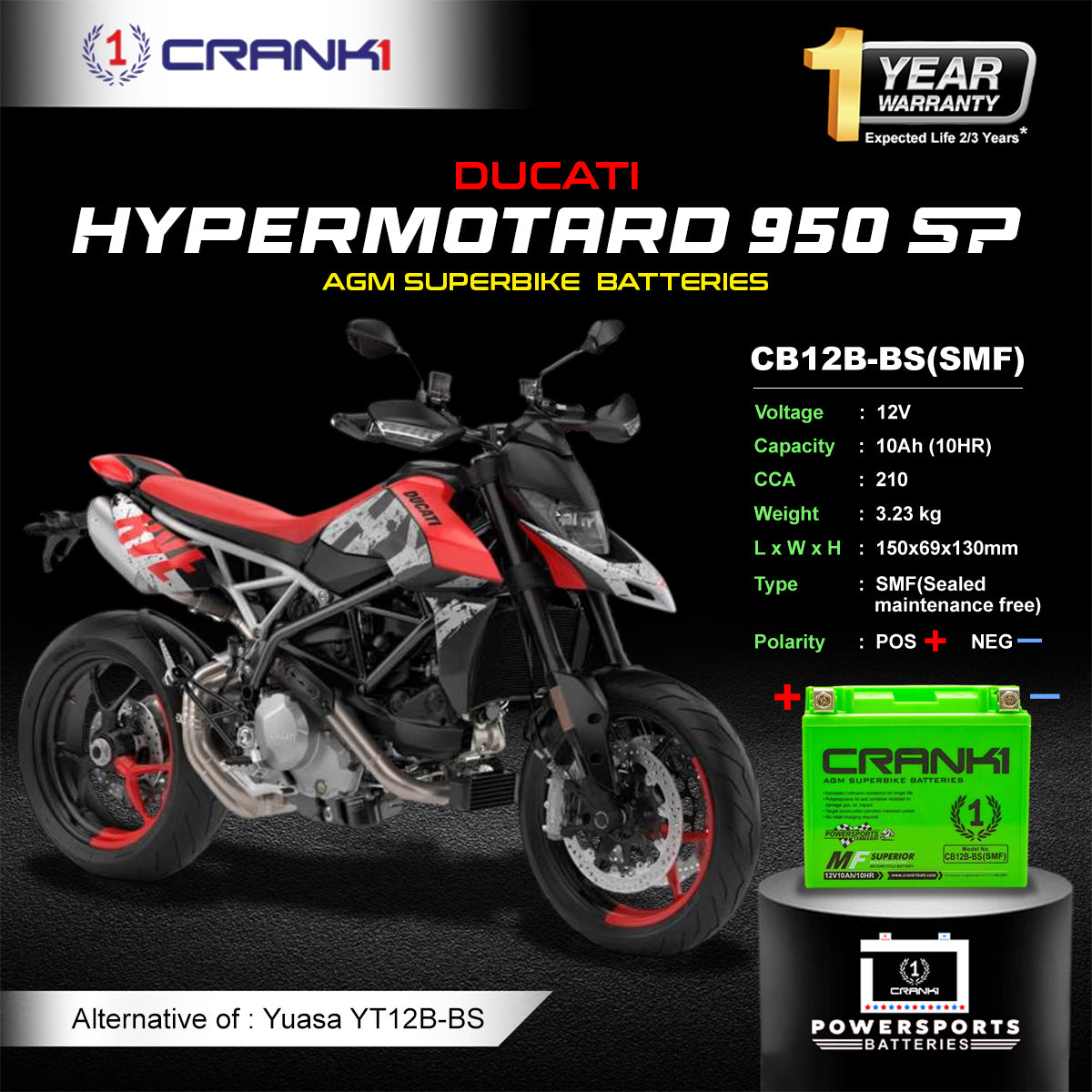 Battery For Ducati Hypermotard 950 SP (2016-2025) - CB12B-BS - Factory Activated