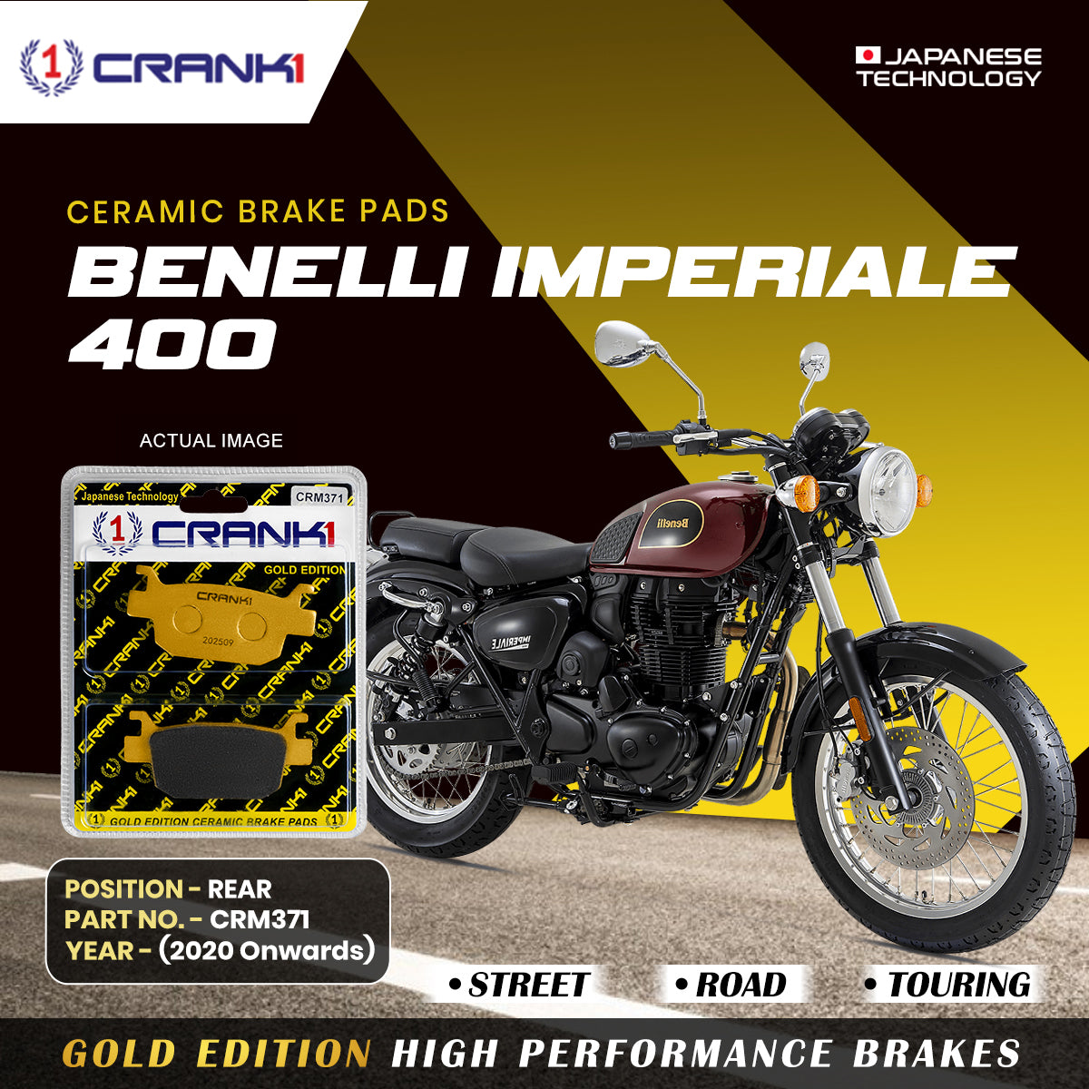 Ceramic Brake Pads For Benelli Imperiale 400 (2020 Onwards) - Rear - CRM371 - 1 Set | Smooth Braking | Heat Resistant | Long Life | Disc Friendly
