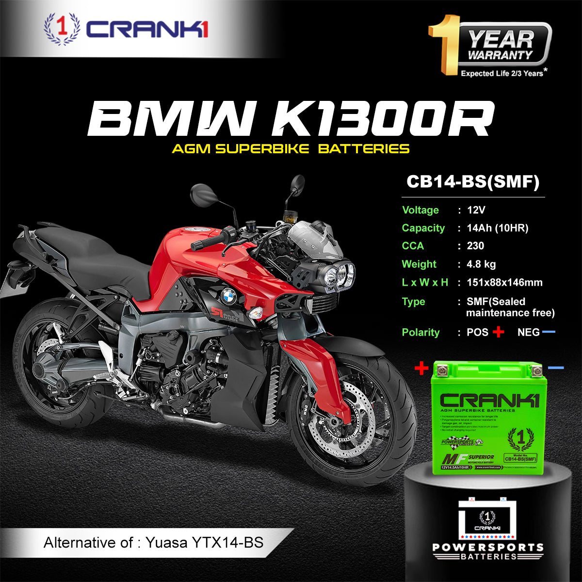 Battery For BMW K1300R (2009-2016) - CB14-BS - Factory Activated