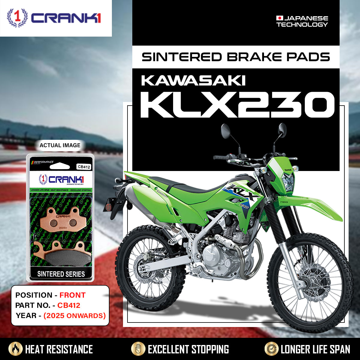 Sintered Brake Pads For Kawasaki KLX230 (2025 Onwards) - Front - CB412 - 1 Set | High Performance | Superior Stopping Power | Heat Resistant | Long Life
