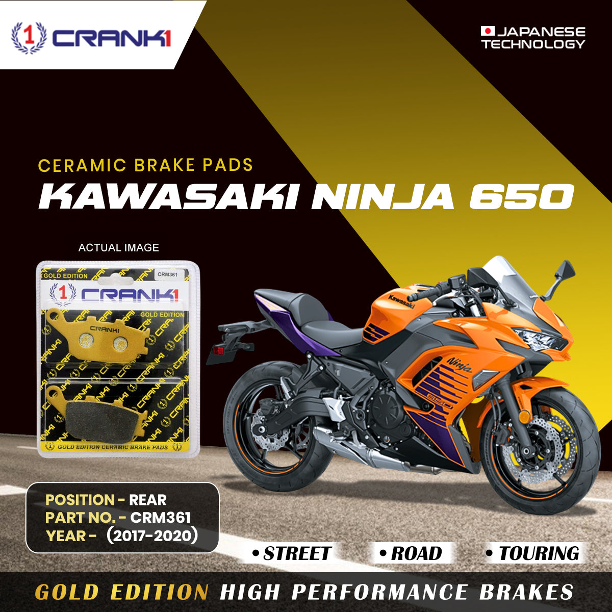 Ceramic Brake Pads For Kawasaki Ninja 650 (2017-2020) - Rear - CRM361