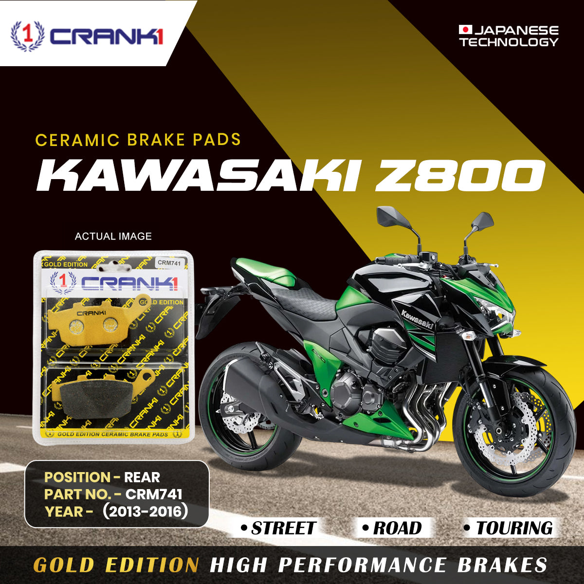 Ceramic Brake Pads For Kawasaki Z800 (2013-2016) - Rear - CRM741 - 1 Set