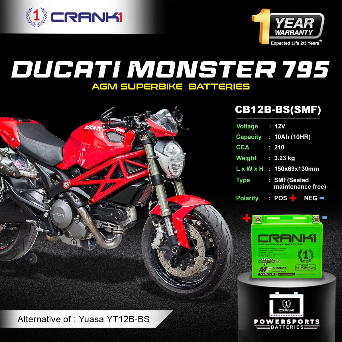 Battery For Ducati Monster 795 (2012-2025) - CB12B-BS - Factory Activated