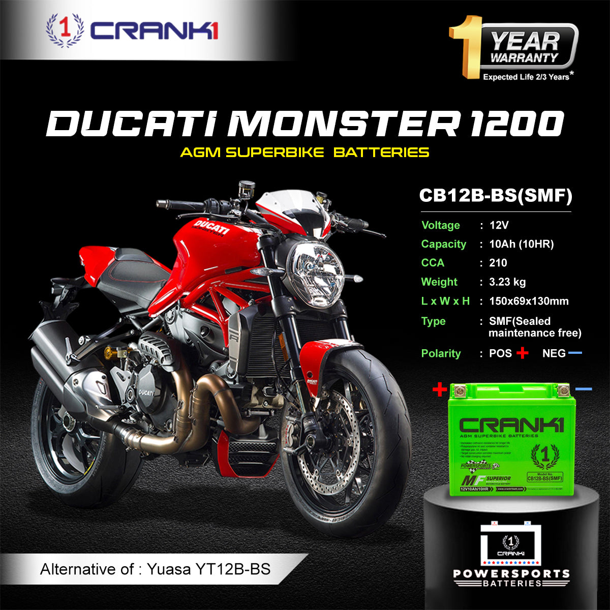 Battery For Ducati Monster 1200 (2014-2025) - CB12B-BS - Factory Activated