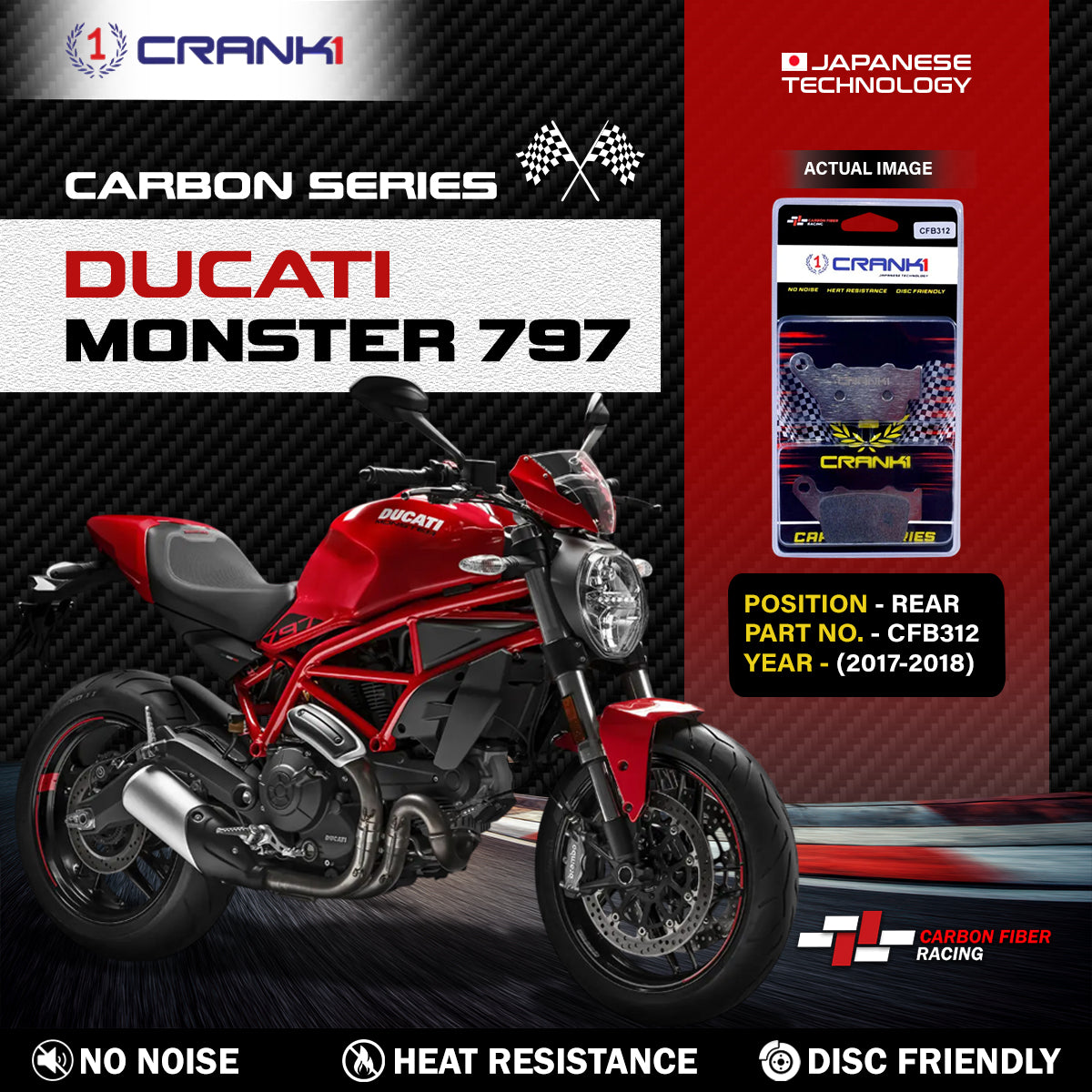 Carbon Brake Pads For Ducati Monster 797 (2017-2018) - Rear - CFB312