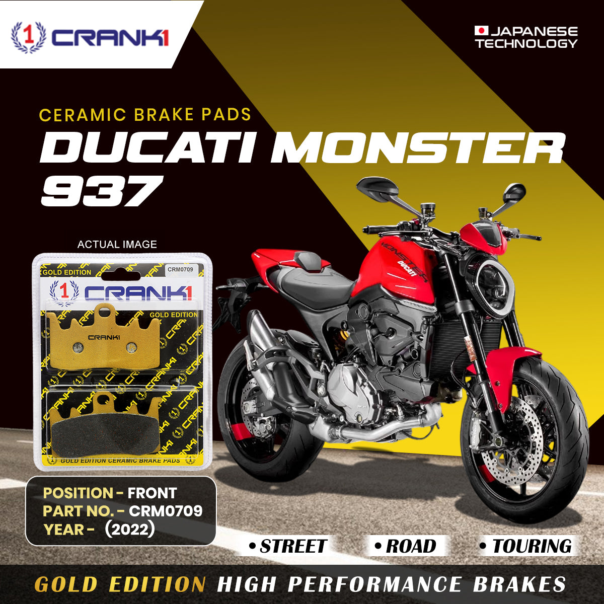 Ceramic Brake Pads For Ducati Monster 937 (2022) - Front - CRM0709 - 2 Sets | Smooth Braking | Heat Resistant | Long Life | Disc Friendly