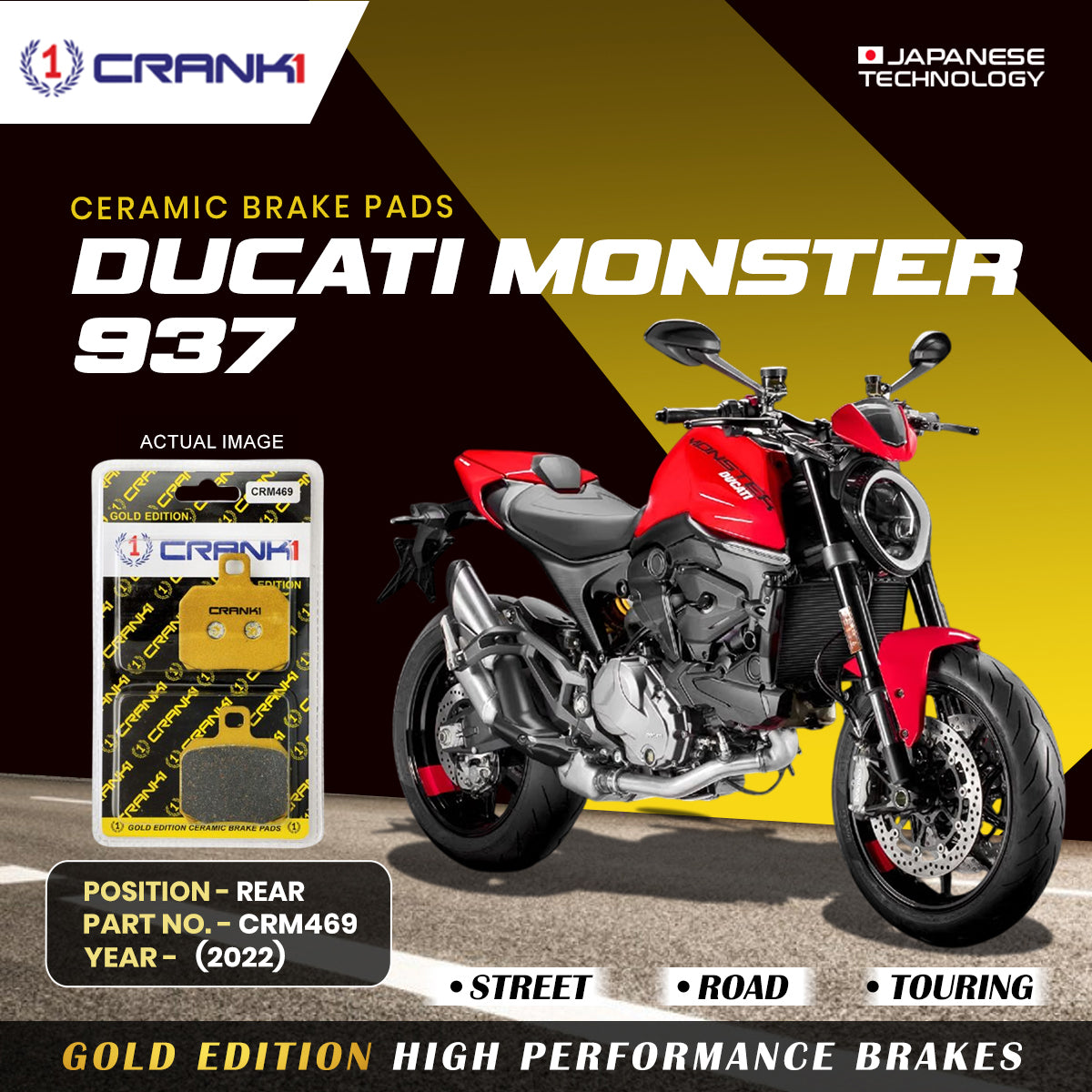 Ceramic Brake Pads For Ducati Monster 937 (2022) - Rear - CRM469 - 1 Set | Smooth Braking | Heat Resistant | Long Life | Disc Friendly