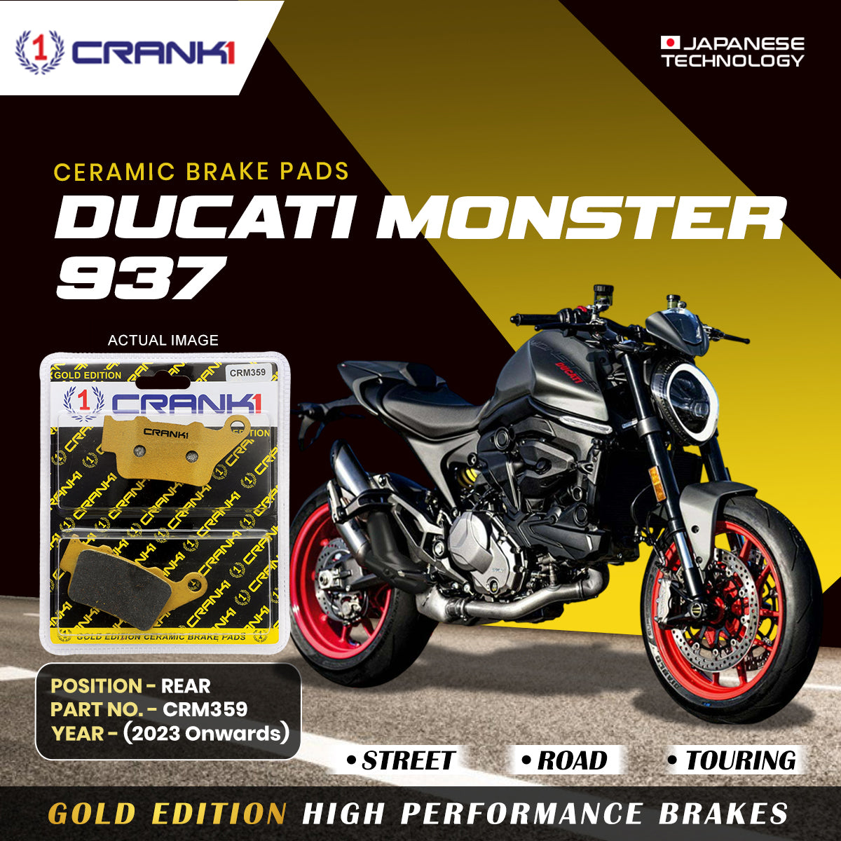 Ceramic Brake Pads For Ducati Monster 937 (2023 Onwards) - Rear - CRM359 - 1 Set | Smooth Braking | Heat Resistant | Long Life | Disc Friendly