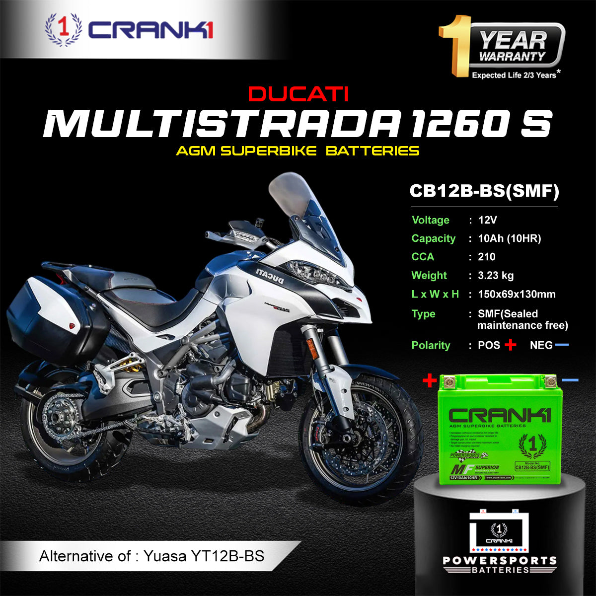 Battery For Ducati Multistrada 1260 S (2010-2025) - CB12B-BS - Factory Activated