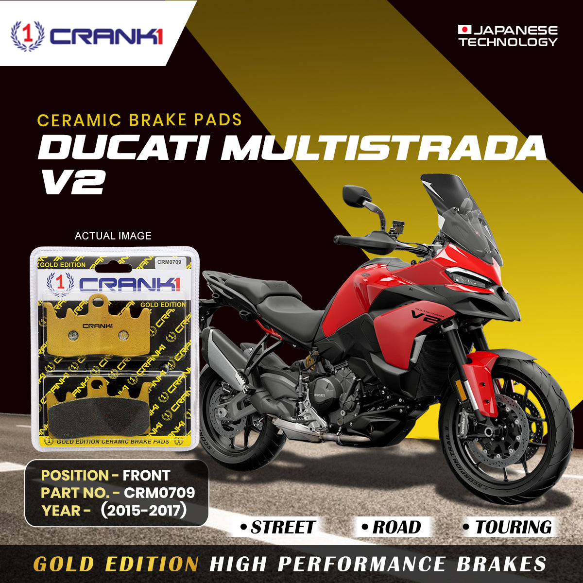 Ceramic Brake Pads For Ducati Multistrada V2 (2015-2017) - Front - CRM0709 - 2 Sets | Smooth Braking | Heat Resistant | Long Life | Disc Friendly