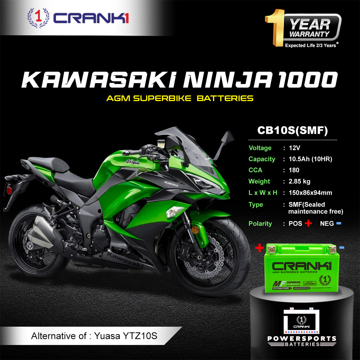 Battery For Kawasaki Ninja 1000 (2010-2025) - CB10S - Factory Activated