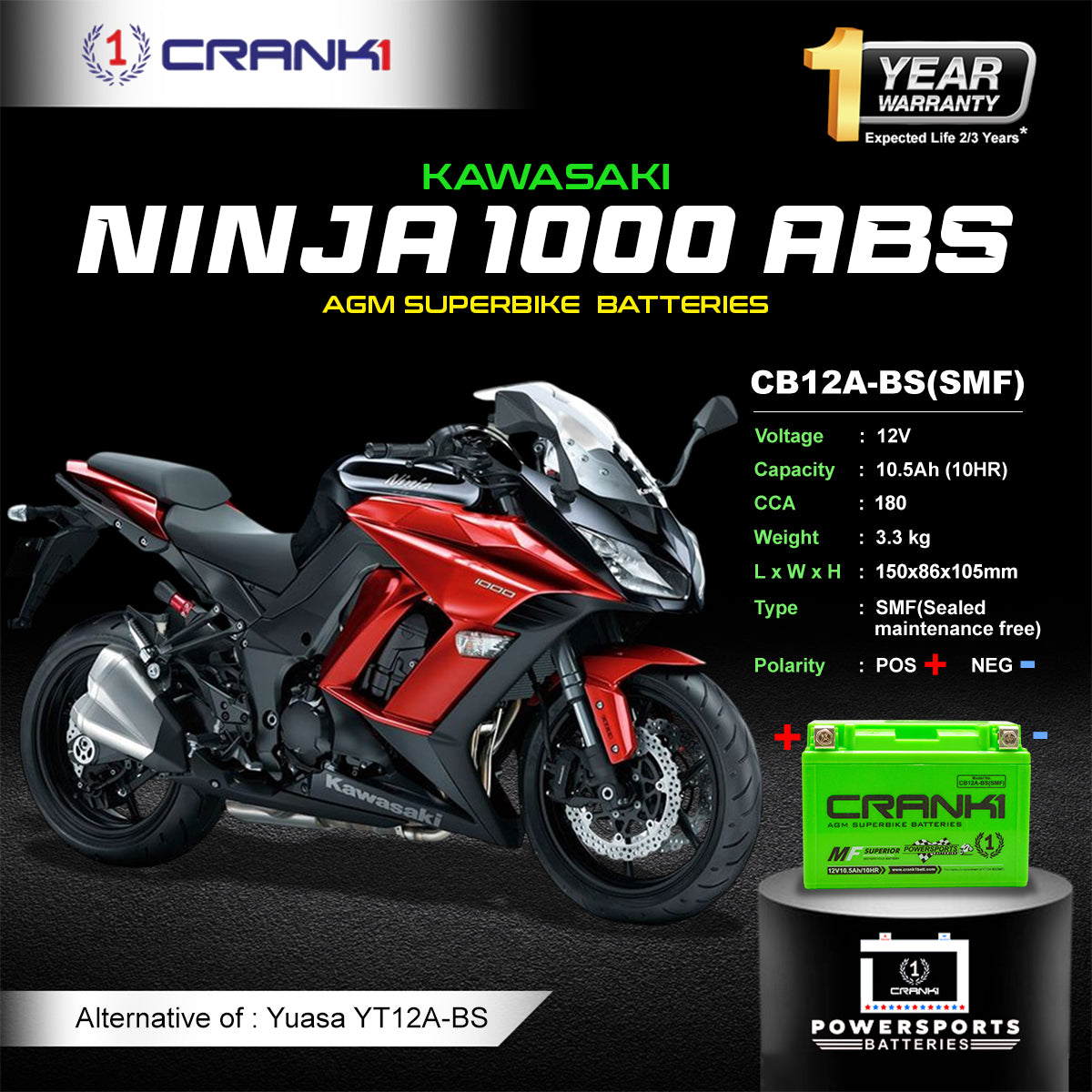 Battery For Kawasaki Ninja 1000 ABS (2014-2025) - CB12A-BS - Factory Activated