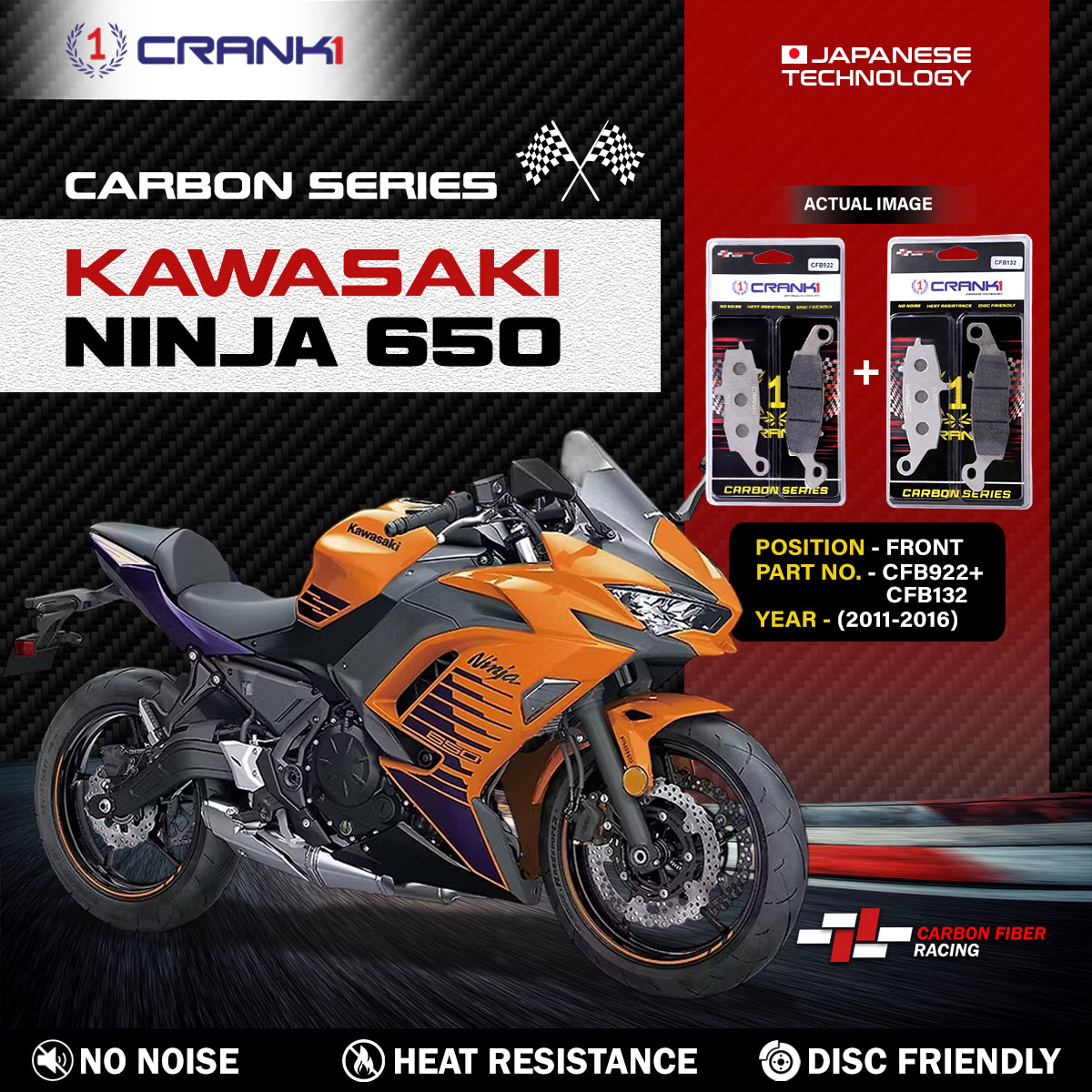 Carbon Brake Pads For Kawasaki Ninja 650 (2011-2016) - Front - CFB922 + CFB132 - 2 Sets