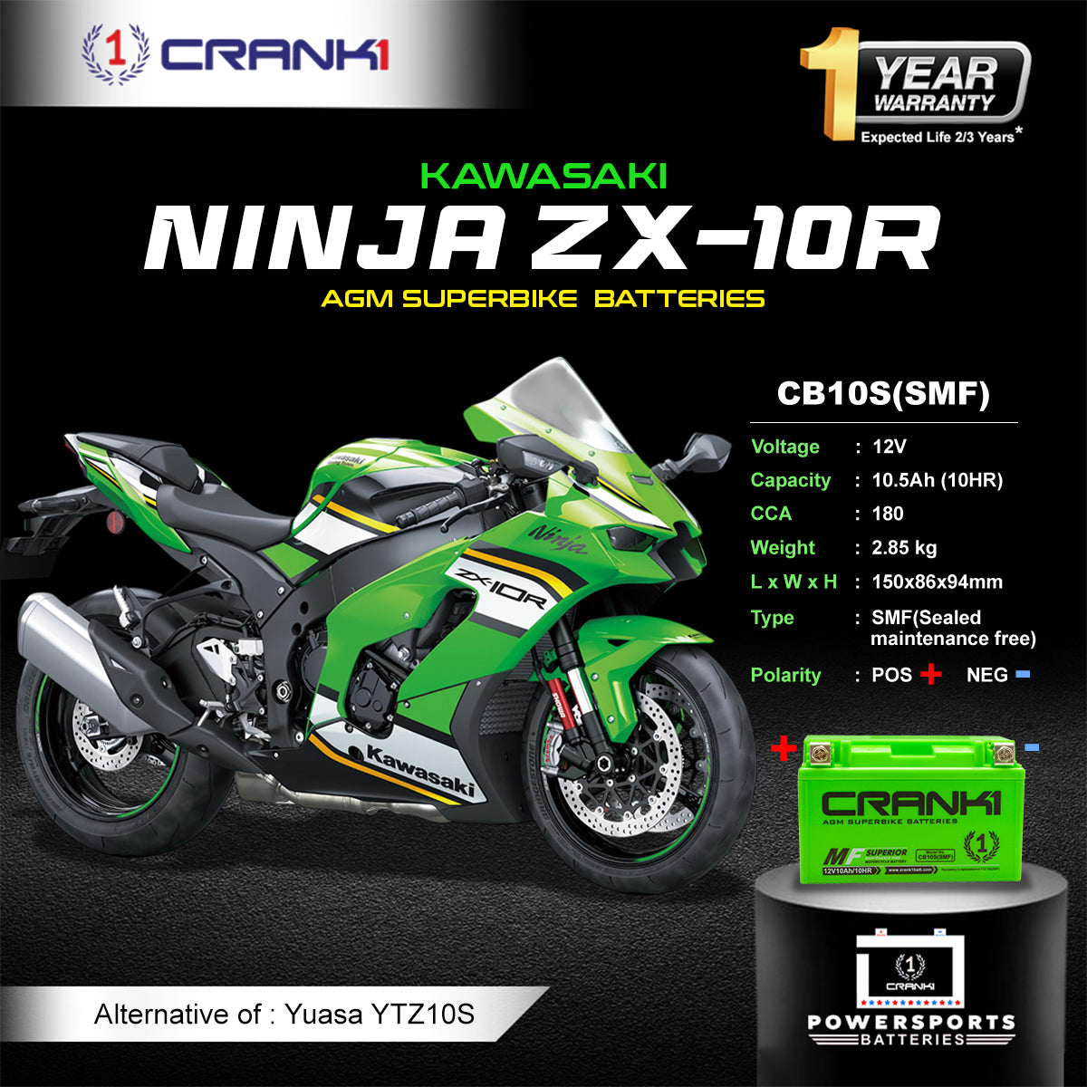 Battery For Kawasaki Ninja ZX-10R (2004-2025) - CB10S - Factory Activated