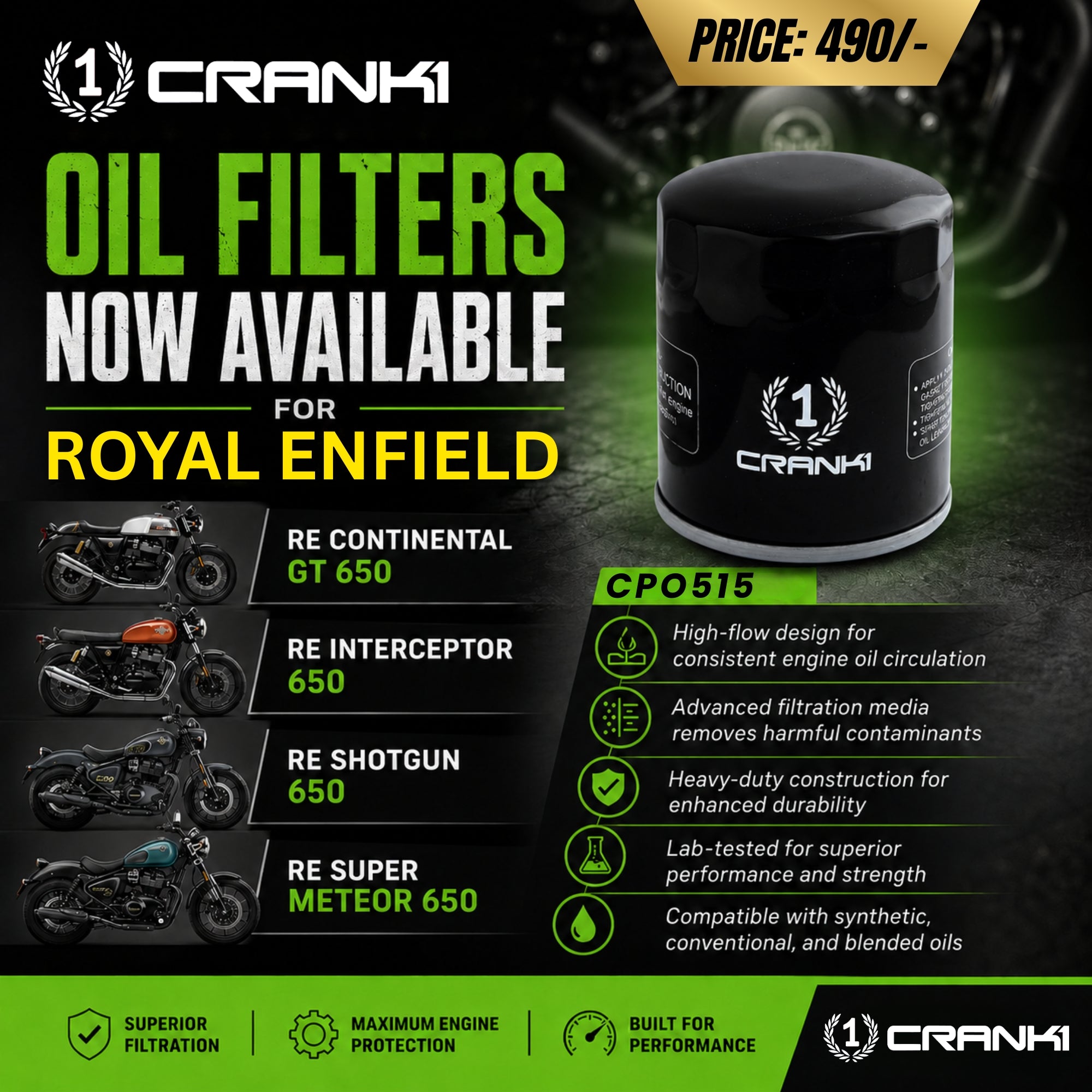 Oil Filter For Royal Enfield Interceptor 650 (2018 Onwards) - CPO515