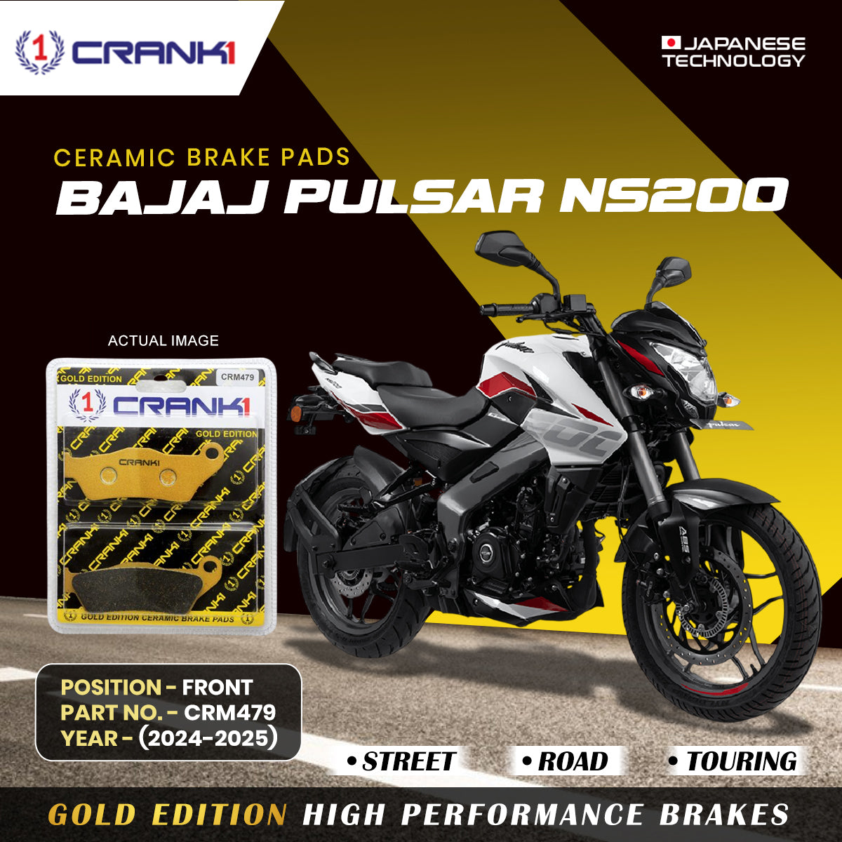 Ceramic Brake Pads For Bajaj Pulsar NS200 (2024-2025) - Front - CRM479 - 1 Set