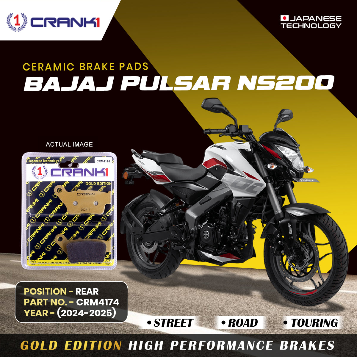 Ceramic Brake Pads For Bajaj Pulsar NS200 (2024-2025) - Rear - CRM4174 - 1 Set