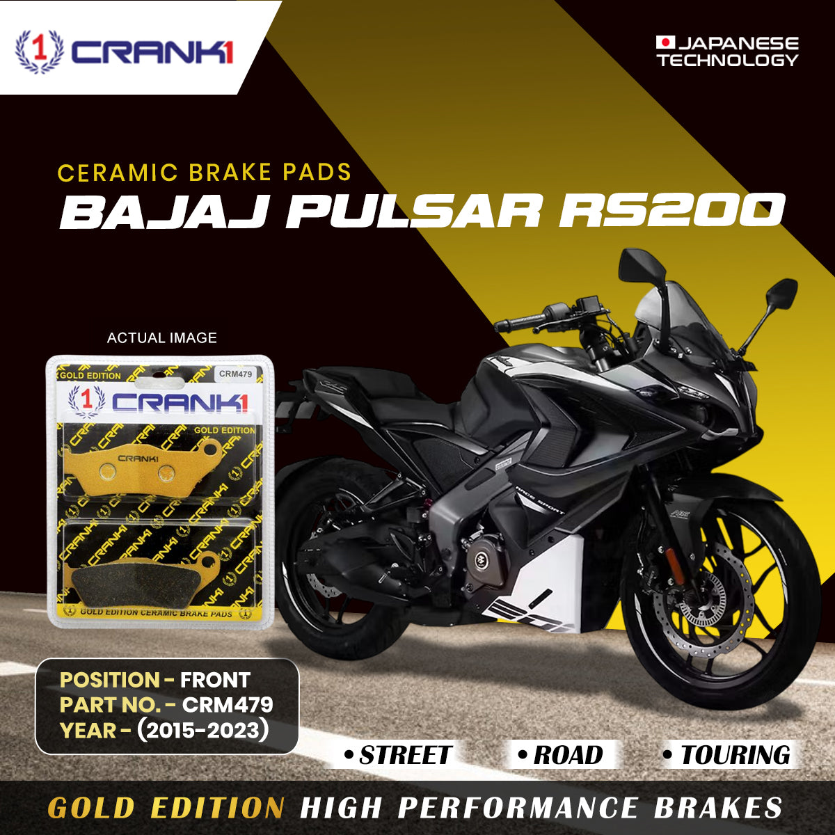 Ceramic Brake Pads For Bajaj Pulsar RS200 (2015-2023) - Front - CRM479 - 1 Set