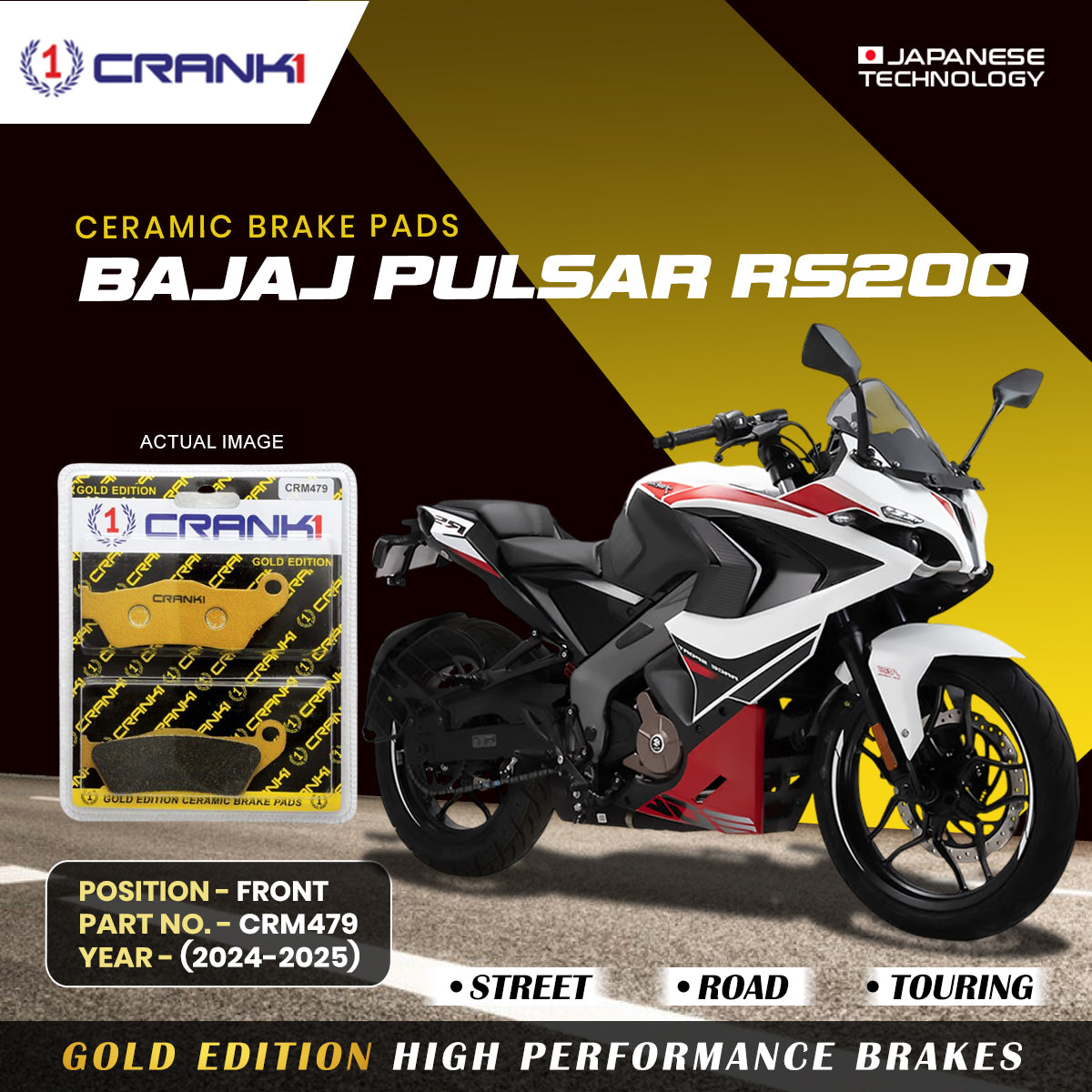 Ceramic Brake Pads For Bajaj Pulsar RS200 (2024-2025) - Front - CRM479 - 1 Set