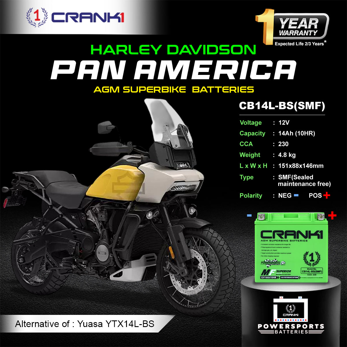 Battery For Harley Davidson Pan America (2020-2025) - CB14L-BS - Factory Activated | 1 Year Warranty | Zero Maintenance | OEM Fitment | High CCA