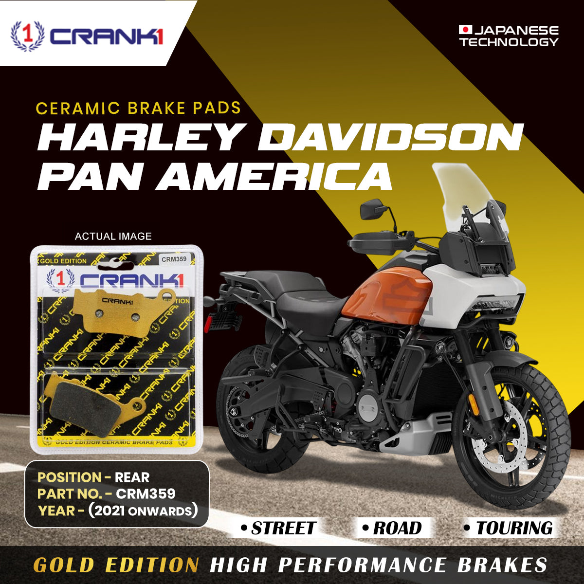Ceramic Brake Pads For Harley Davidson Pan America (2021 Onwards) - Rear - CRM359 - 1 Set | Smooth Braking | Heat Resistant | Long Life | Disc Friendly