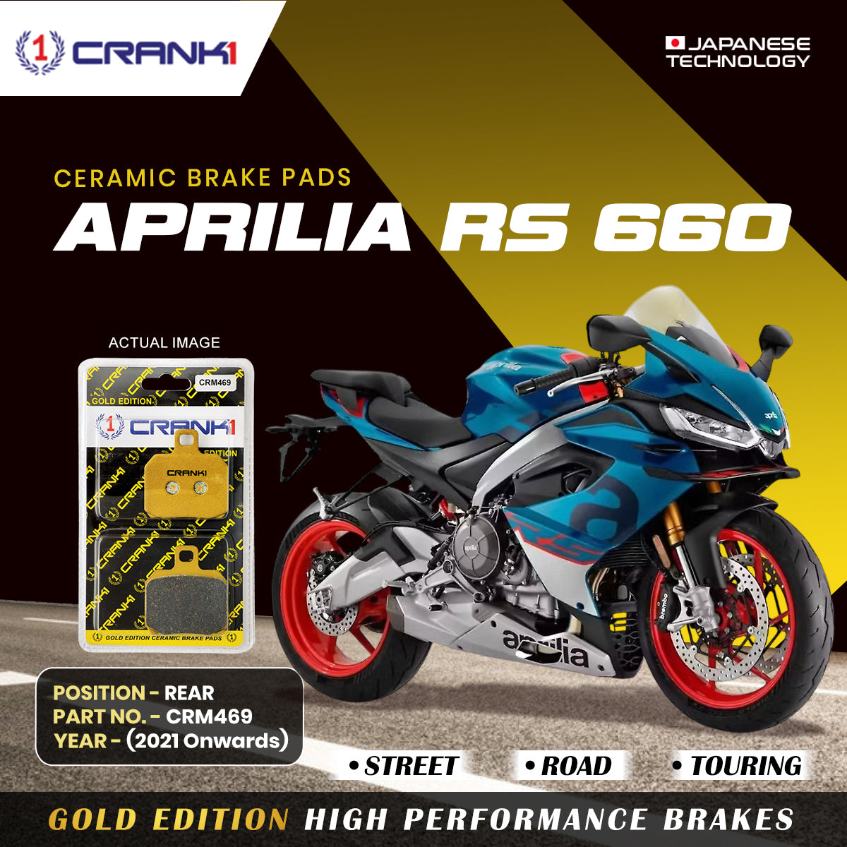 Ceramic Brake Pads For Aprilia RS 660 (2021 Onwards) - Rear - CRM469 - 1 Set | Smooth Braking | Heat Resistant | Long Life | Disc Friendly
