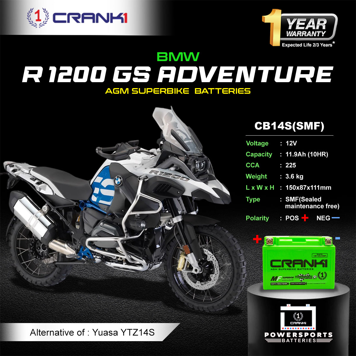 Battery For BMW R 1200 GS Adventure (2008-2022) - CB14S - Factory Activated