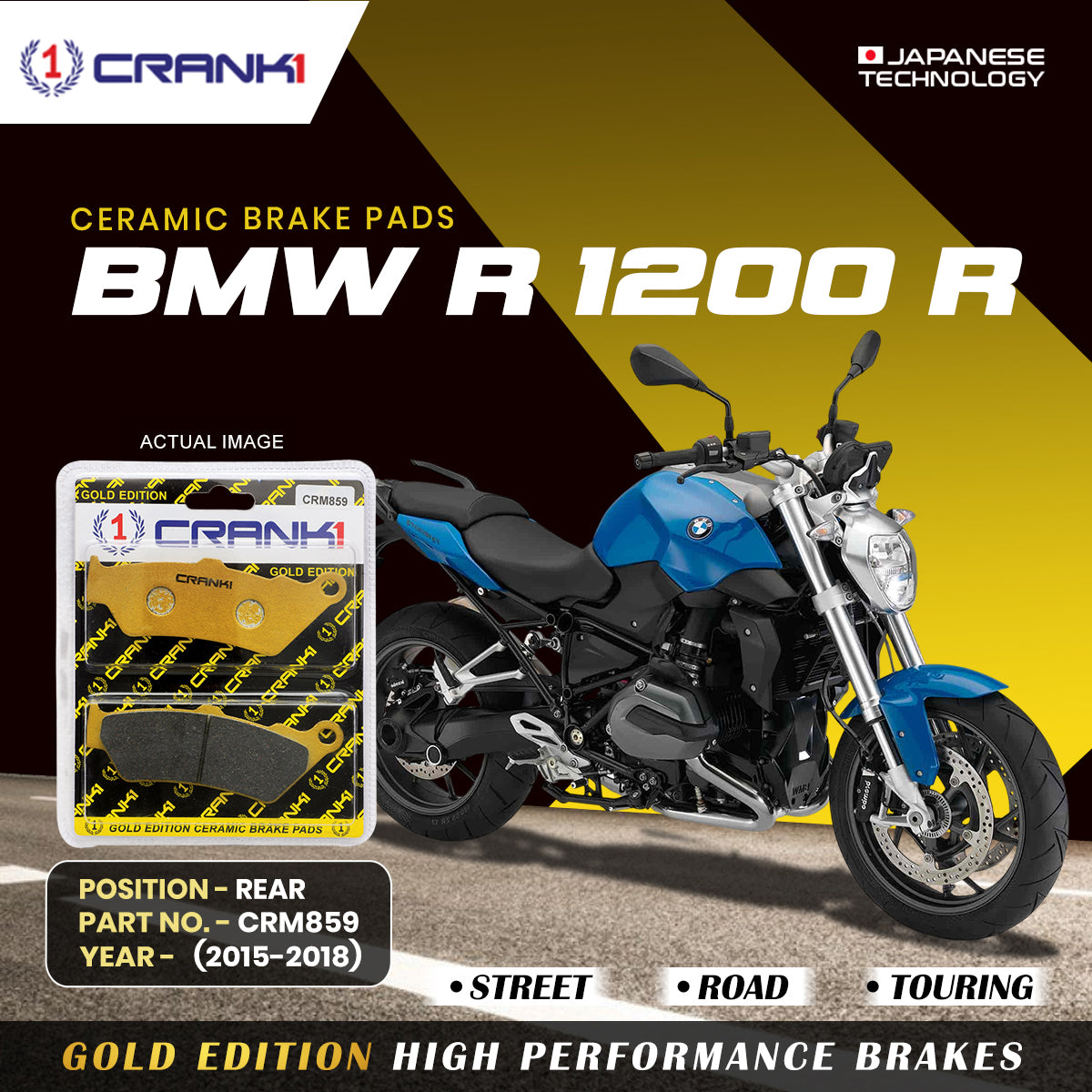 Ceramic Brake Pads For BMW R 1200 R (2015-2018) - Rear - CRM859 - 1 Set | Smooth Braking | Heat Resistant | Long Life | Disc Friendly