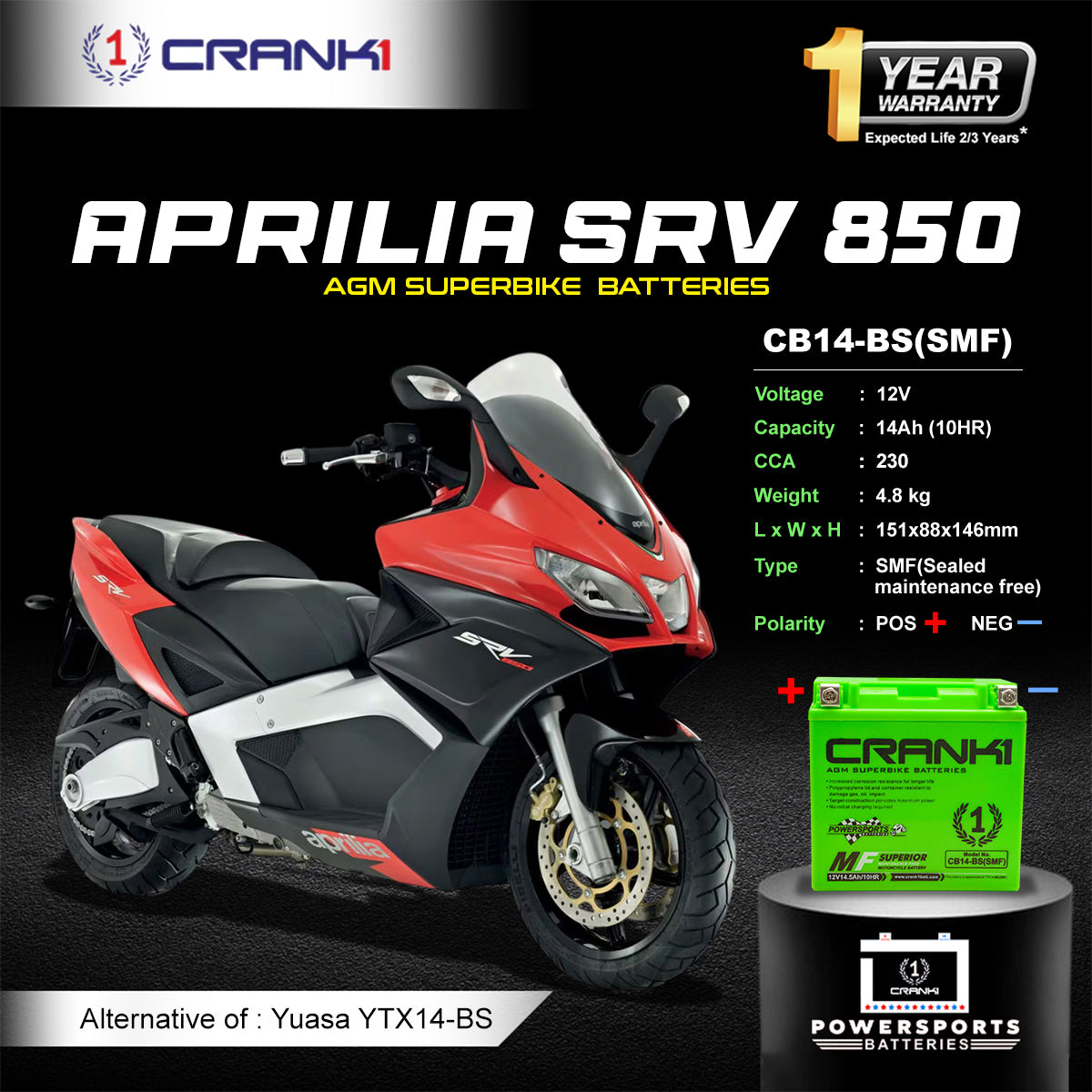 Battery For Aprilia SRV 850 (2015-2023) - CB14-BS - Factory Activated