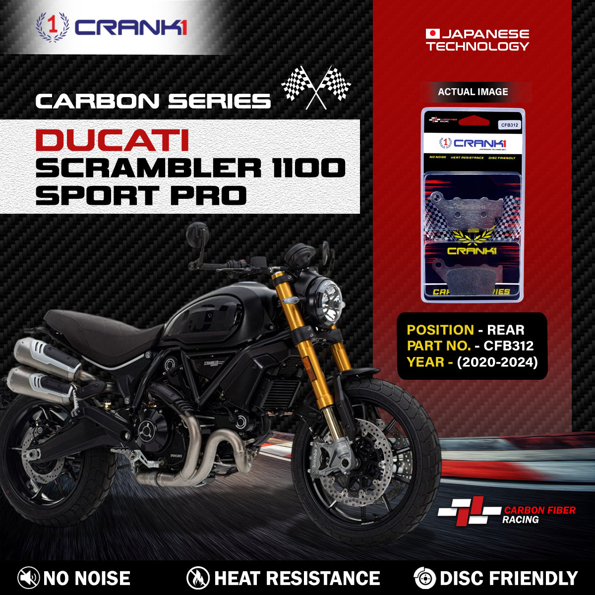 Carbon Brake Pads For Ducati Scrambler 1100 Sport Pro (2020-2024) - Rear - CFB312 - 1 Set