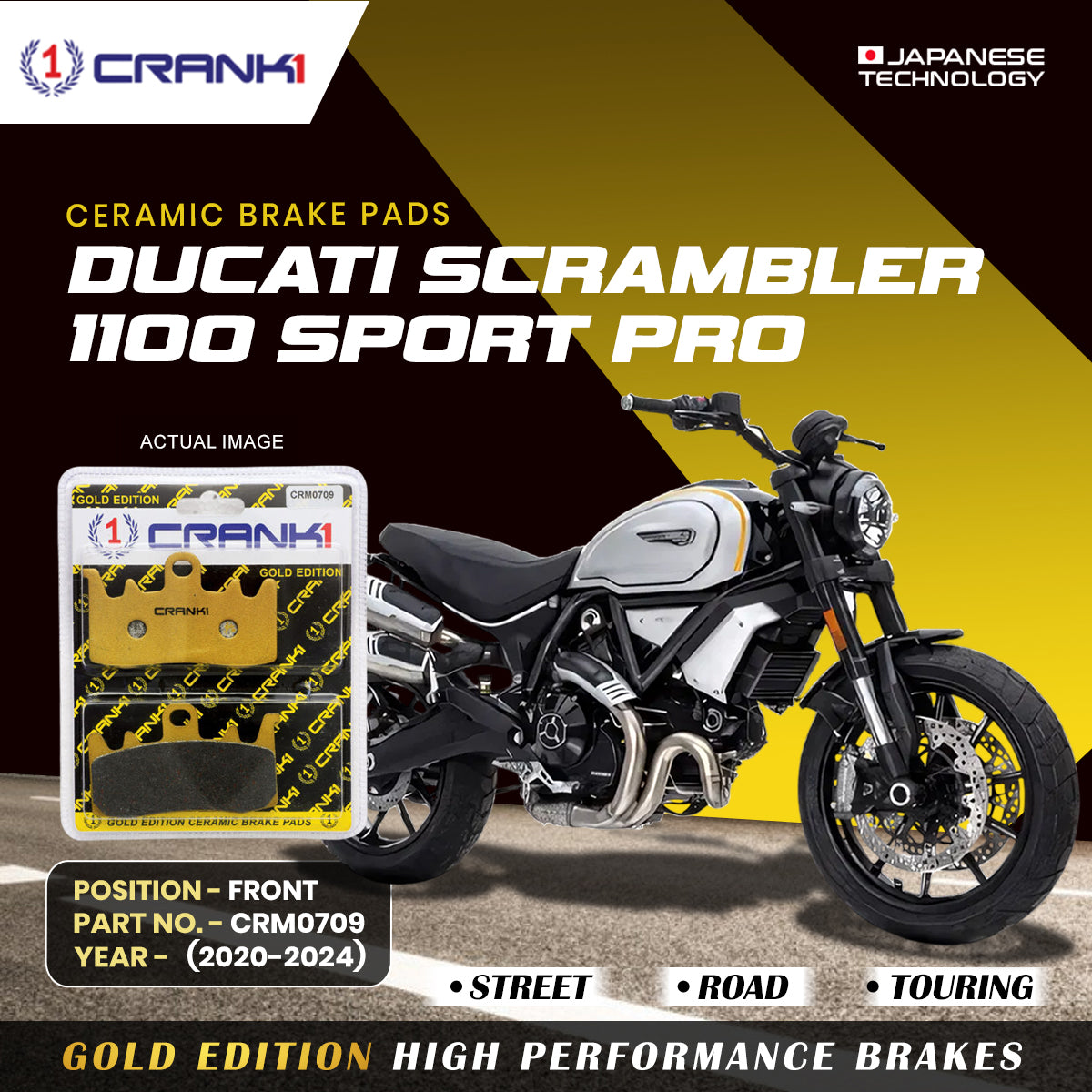 Ceramic Brake Pads For Ducati Scrambler 1100 Sport Pro (2020-2024) - Front - CRM0709 - 2 Sets | Smooth Braking | Heat Resistant | Long Life | Disc Friendly