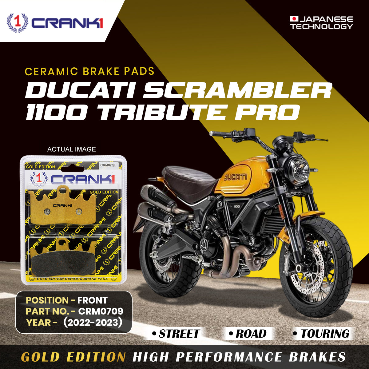 Ceramic Brake Pads For Ducati Scrambler 1100 Tribute Pro (2022-2023) - Front - CRM0709 - 2 Sets | Smooth Braking | Heat Resistant | Long Life | Disc Friendly