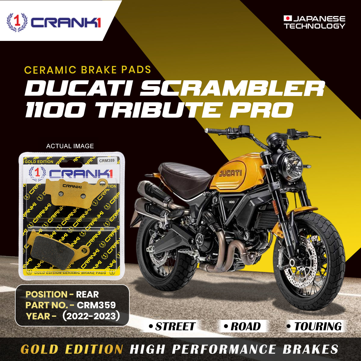 Ceramic Brake Pads For Ducati Scrambler 1100 Tribute Pro (2022-2023) - Rear - CRM359 - 1 Set | Smooth Braking | Heat Resistant | Long Life | Disc Friendly