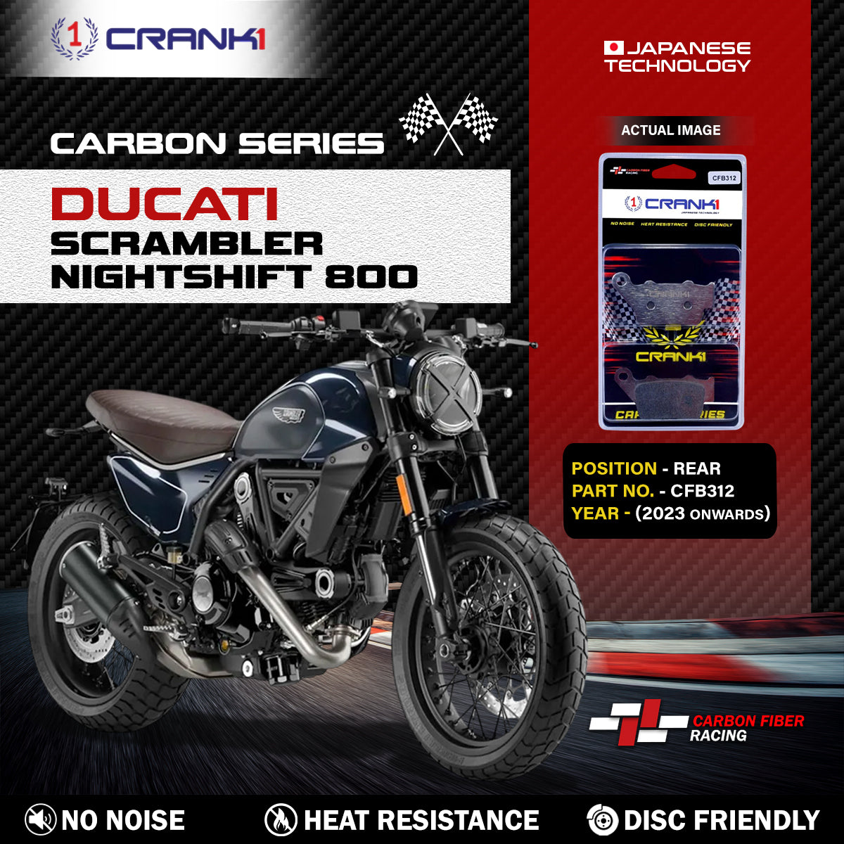 Carbon Brake Pads For Ducati Scrambler Nightshift 800 (2023 Onwards) - Rear - CFB312