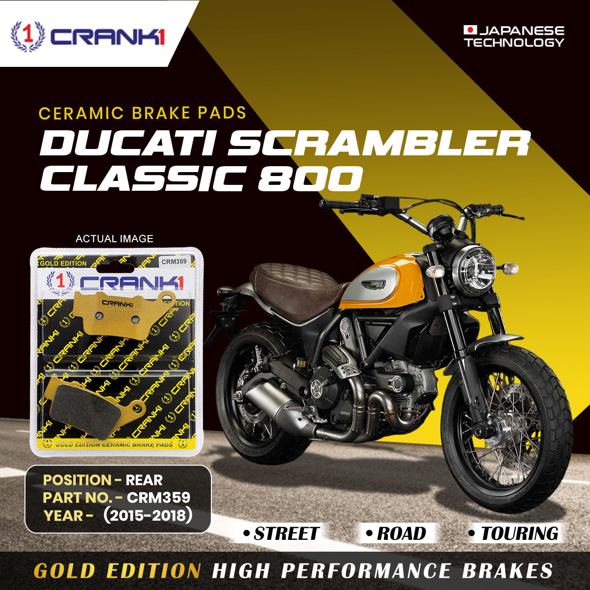 Ceramic Brake Pads For Ducati Scrambler Classic 800 (2015-2018) - Rear - CRM359 - 1 Set | Smooth Braking | Heat Resistant | Long Life | Disc Friendly