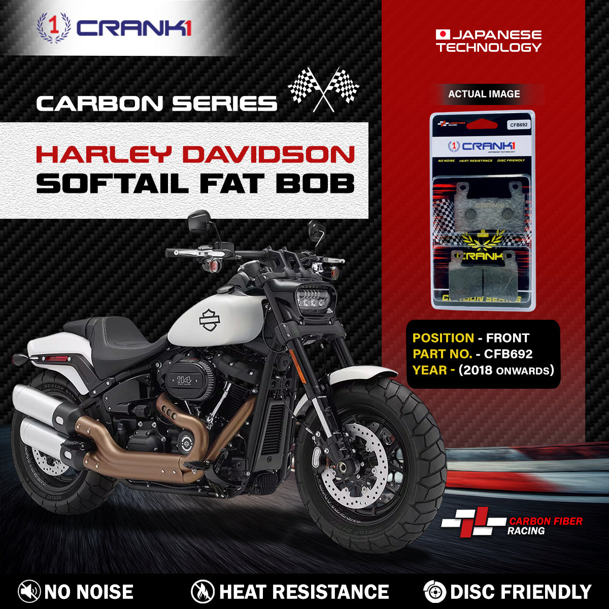 Carbon Brake Pads For Harley Davidson Softail Fat Bob (2018 Onwards) - Front - CFB692 - 2 Sets