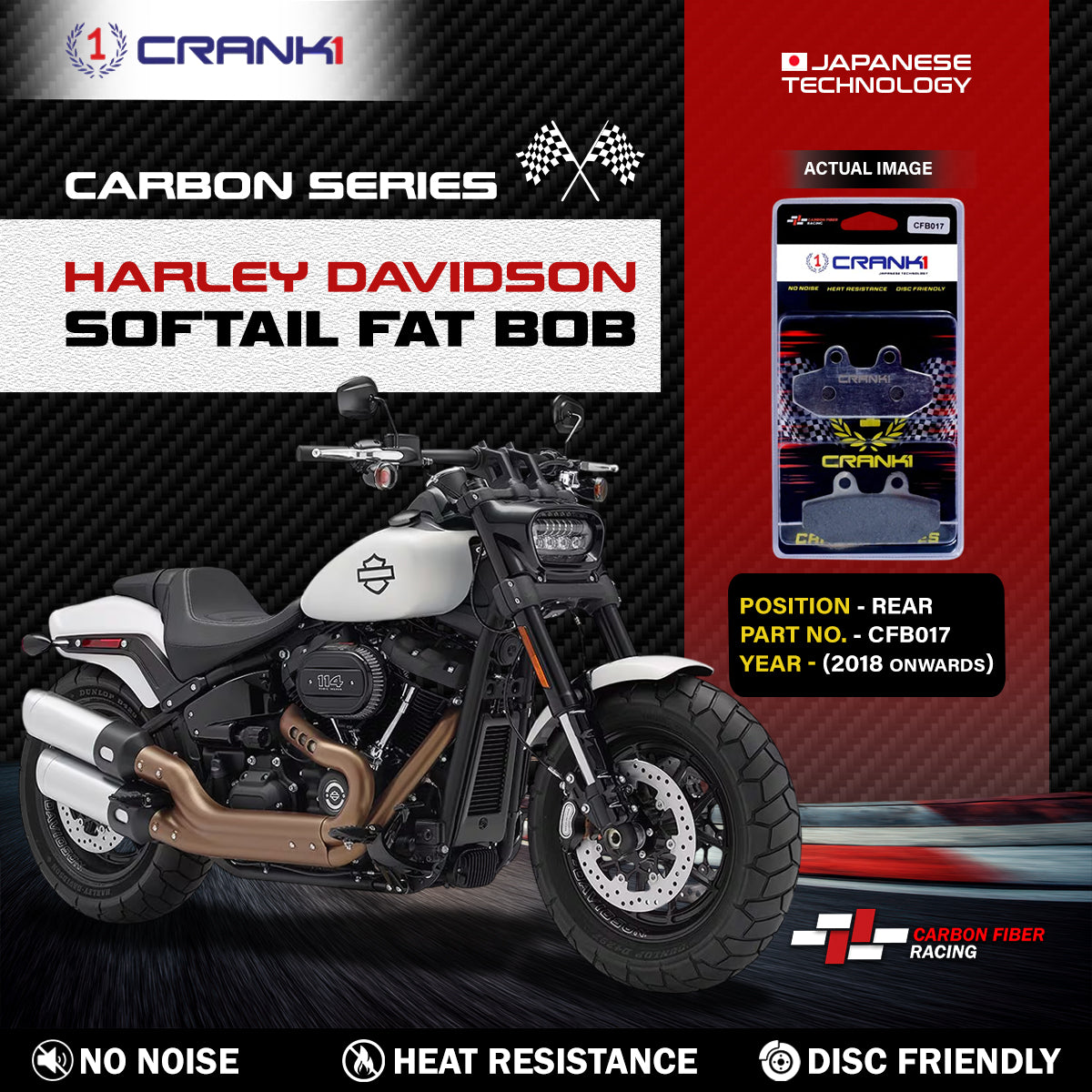 Carbon Brake Pads For Harley Davidson Softail Fat Bob (2018 Onwards) - Rear - CFB017