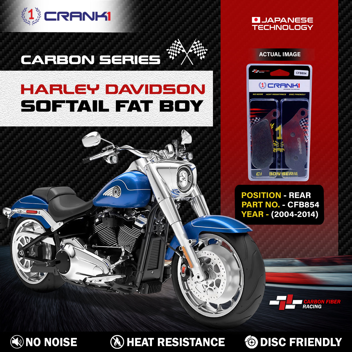 Carbon Brake Pads For Harley Davidson Softail Fat Boy (2004-2014) - Rear - CFB854