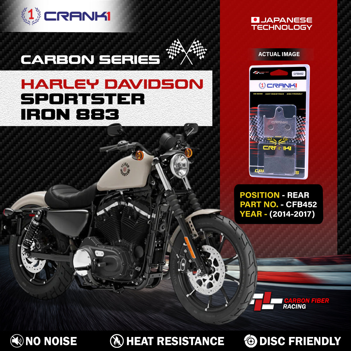 Carbon Brake Pads For Harley Davidson Sportster Iron 883 (2014-2017) - Rear - CFB452