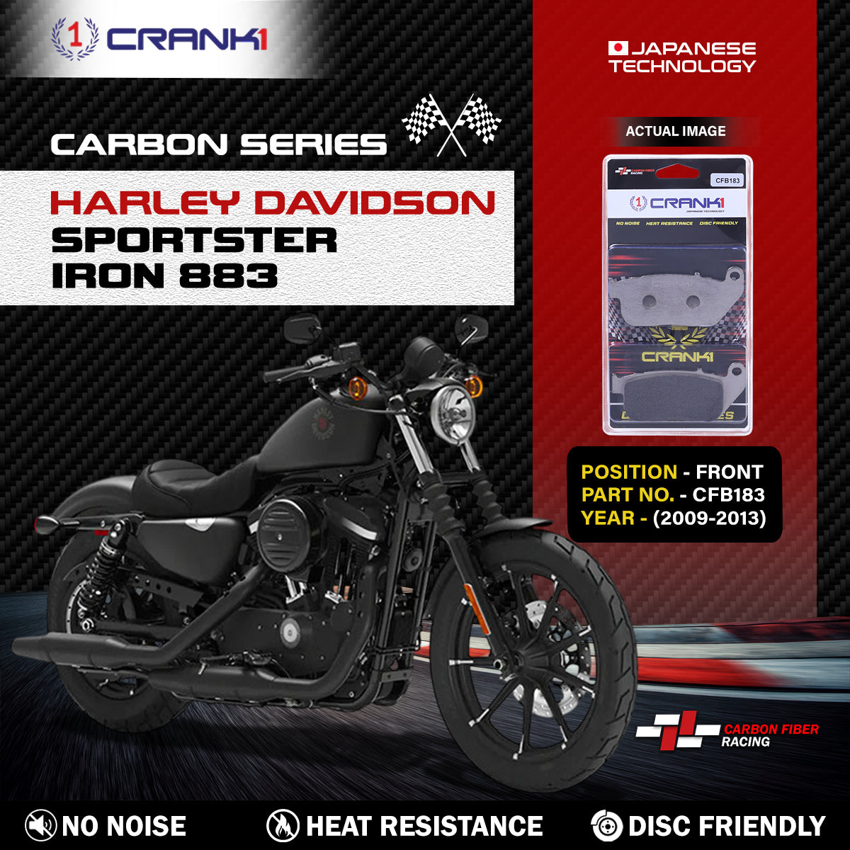 Carbon Brake Pads For Harley Davidson Sportster Iron 883 (2009-2013) - Front - CFB183