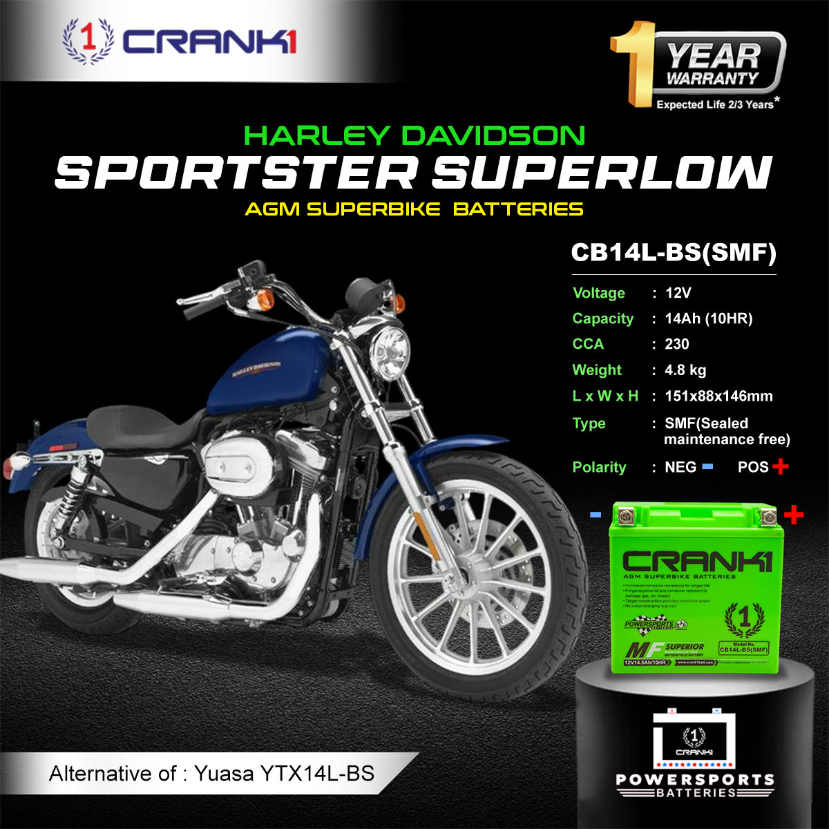 Battery For Harley Davidson Sportster SuperLow (2010-2025) - CB14L-BS - Factory Activated