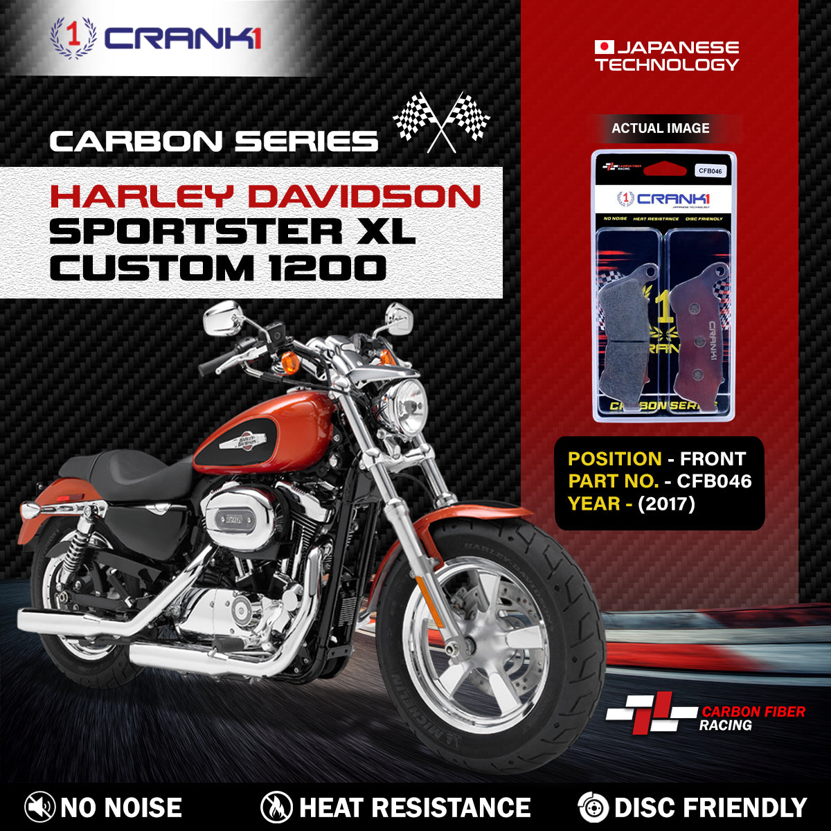 Carbon Brake Pads For Harley Davidson Sportster XL Custom 1200 (2017) - Front - CFB046