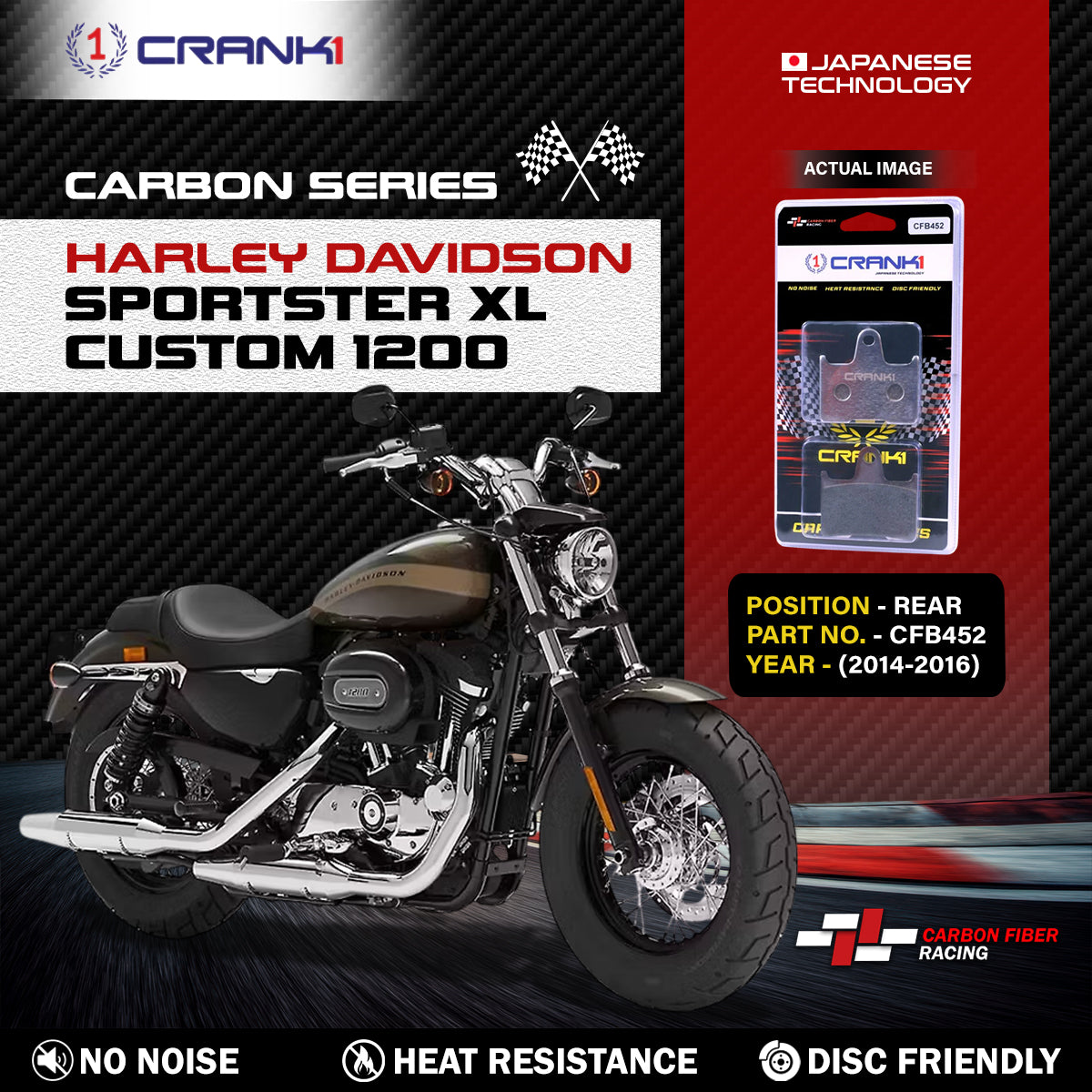 Carbon Brake Pads For Harley Davidson Sportster XL Custom 1200 (2014-2016) - Rear - CFB452