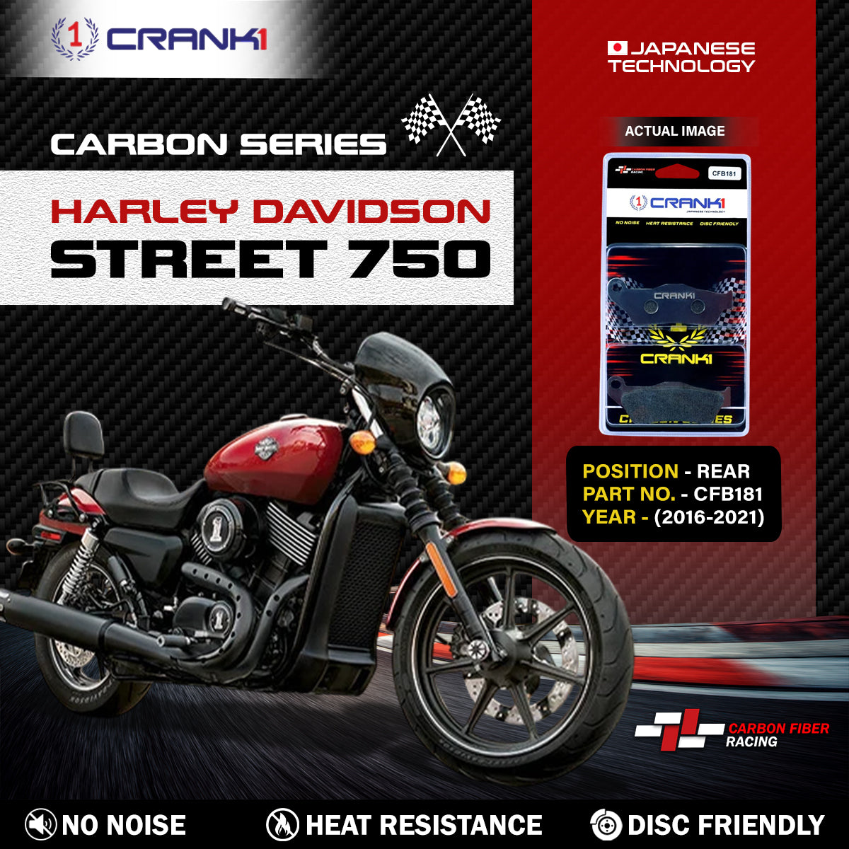 Carbon Brake Pads For Harley Davidson Street 750 (2016-2021) - Rear - CFB181