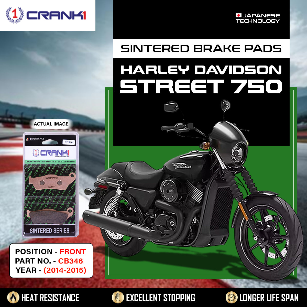 Sintered Brake Pads For Harley Davidson Street 750 (2014-2015) - Front - CB346