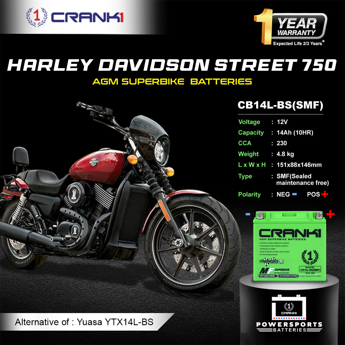 Battery For Harley Davidson Street 750 (2006-2025) - CB14L-BS - Factory Activated