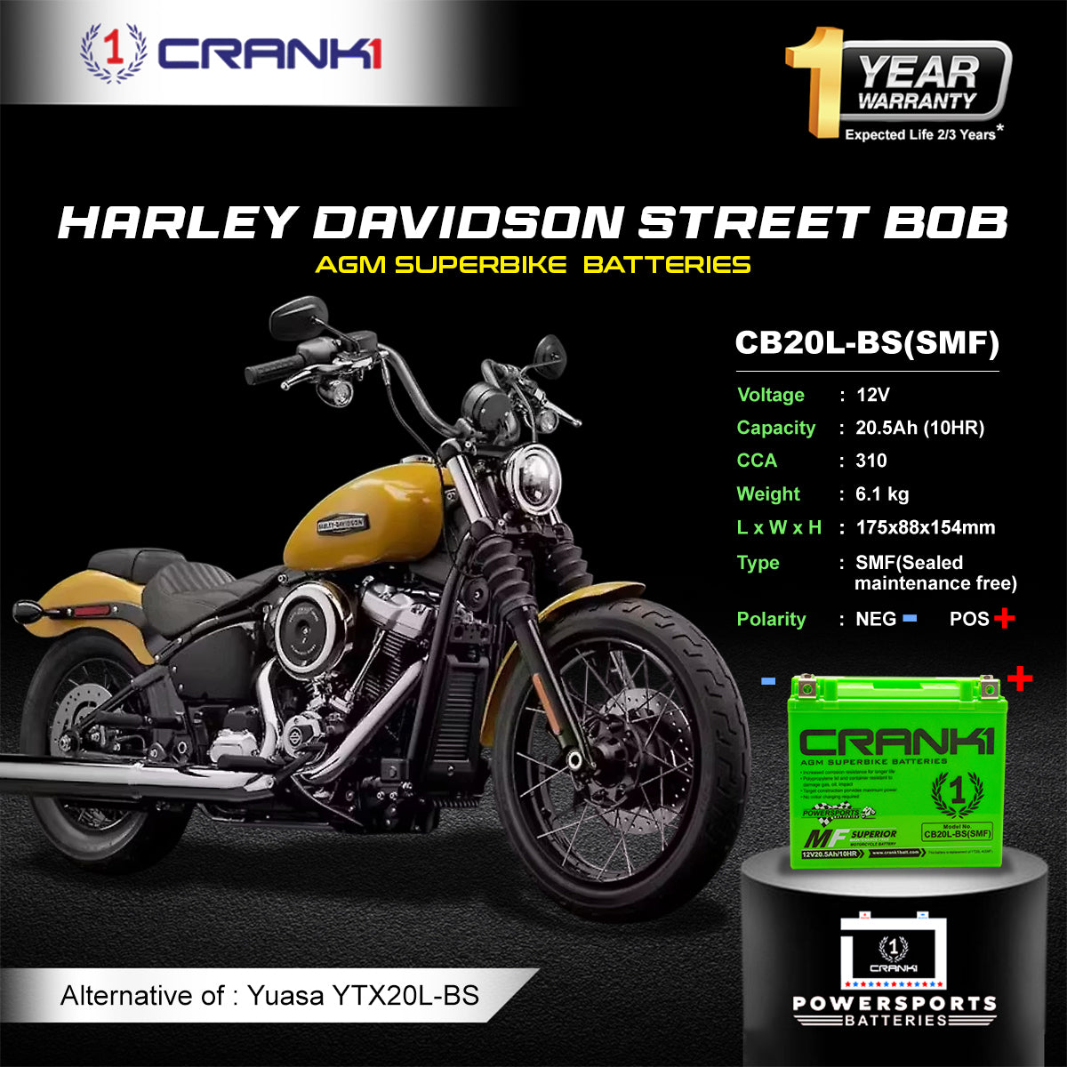 Battery For Harley Davidson Street Bob (2012-2025) - CB20L-BS - Factory Activated