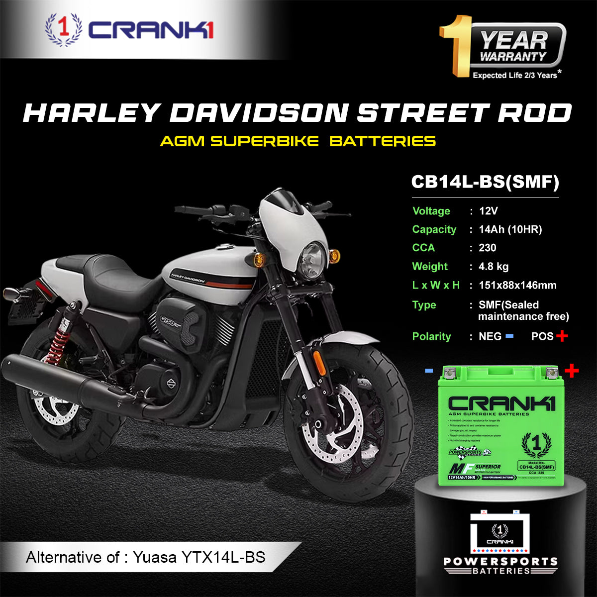 Battery For Harley Davidson Street Rod (2011-2025) - CB14L-BS - Factory Activated