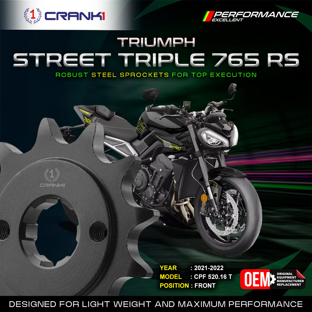 Sprocket For Triumph Street Triple 765 RS (2021-2022) - Front - CPF520.16T | Premium Alloy | Maximum Strength | Perfect Fit | Long Life