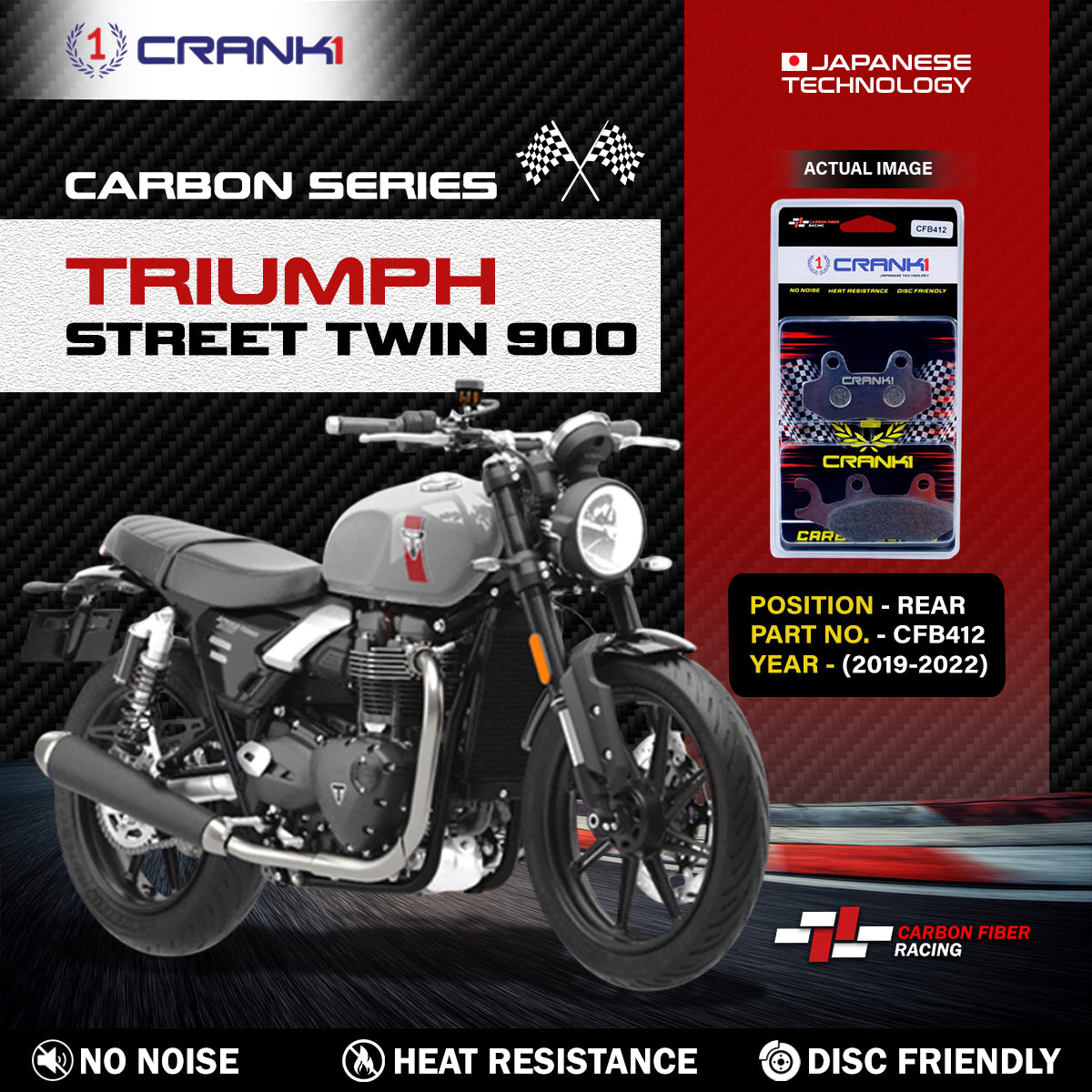 Carbon Brake Pads For Triumph Street Twin 900 (2019-2022) - Rear - CFB412